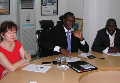 L-r Mrs. Victoria Mba, chief financial officer, Gbenga Adebayo, group chief executive officer and Debo Ajiga, general manger operations, all of CNSSL at the unveiling of the Company's 3rd Contact Centre in Lagos yesterday.